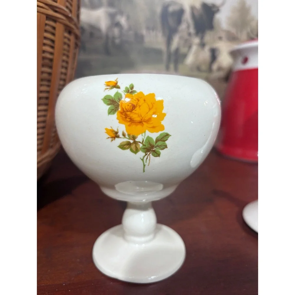 Vintage Yellow Rose Ceramic Pedestal Apothecary Jar with Lid one of a kind